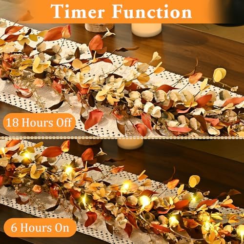 Waipfaru Fall Decor, 6FT Fall Garland with Lights Autumn Eucalyptus Leaves Lighted Garland Thanksgiving Harvest Festival Decoration for Home Mantle Porch Outdoor Indoor Wedding Window Wall Arch(2 PCS) - Image 4