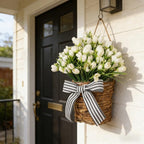 White Tulip Door Hanger Basket Wreath for Front Door,Artificial Tulip Flower Wreaths Hanging Decor with Woven Basket,Spring Summer Baskets Wreath for Wall Window Holiday - Image 2