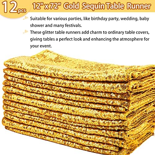 12 Packs 12 X 72 Inch Gold Sequin Table Runner Glitter Dining Table Runner for Birthday Wedding Engagement Bridal Baby Shower Bachelorette Holiday Celebration Party Supplies Decorations (Gold) - Image 2