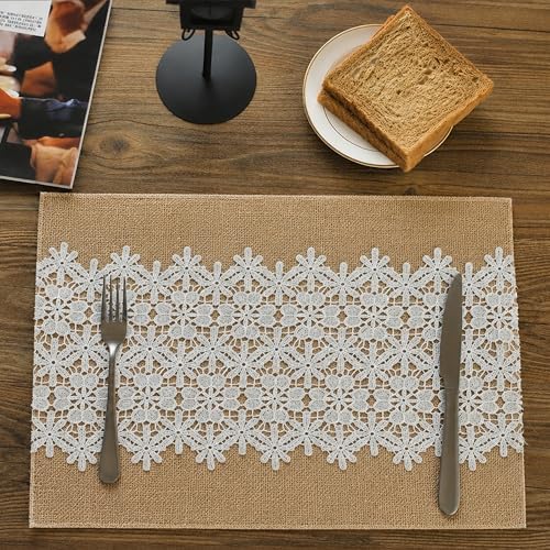 Natural Jute Placemats Set of 6 with Floral Lace, Burlap Table Mats by UYEAOVLX
