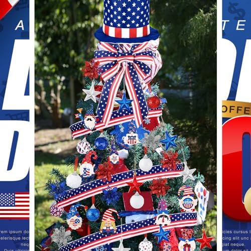 43 Pcs 4th of July Patriotic Tree Decorations Independence Day Christmas Tree Ornaments Ribbon Bow Topper Red White and Blue Hanging Ornaments for National Memorial Day Party - Image 6