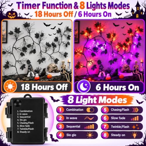 9 Ft 66 LED Willow Vine Twig Decor Black Halloween Garland with Orange Purple Lights, Timer 8 Modes Waterproof Battery Operated Indoor Halloween Decorations for Wall Fireplace Mantle Home Office Decor - Image 3