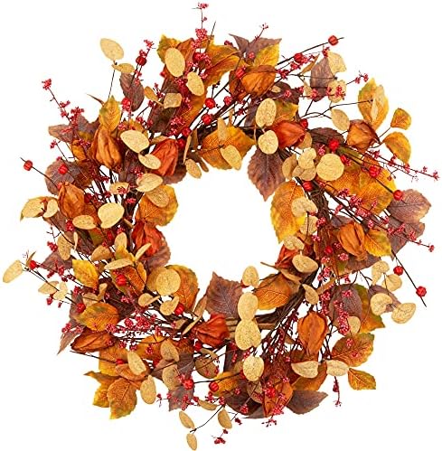 18 Inch Fall Wreath Front Door Wreath with Cape Gooseberries Artificial Autumn Wreath with Fall leaves Fall Decorations with Golden Berries Home Decorations for Autumn Harvest by VGIA