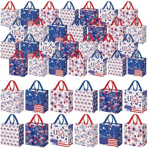 Wesnoy 48 Pcs 4th of July Patriotic Gift Bags Bulk with Handle Non Woven 250th Anniversary Goodie Bag Independence Day American Flag Memorial Day Tote Bag Holiday Party Favor, 11.4 x 10.6 x 4.7 Inch by Wesnoy