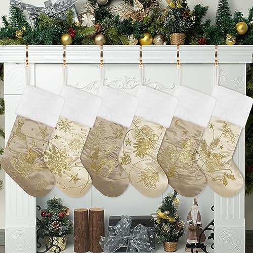 GEXWORLDWIDE GEX Christmas Stockings 6 Pack for Family 20" Large Gold Sequins Silk with Soft Faux Fur Embroidered Classic Fireplace Tree Decorations Hanging Ornament for Xmas Season Decor (Set of 6) by GEXWorldwide