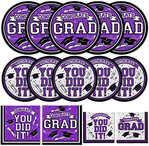 Graduation Party Supplies Dinnerware Set purple Disposable dinner paper plates dessert paper plates and Napkins for Congrats Grad Party Decorations, Serve 50 by Gatherfun