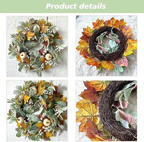 GLLBTPT Fall Wreath Full Handcrafted Autumn Front Door Wreath with Pumpkins Maple Leaves Berries for Halloween Thanksgiving Harvest Decoration (Green Leaf) - Image 3