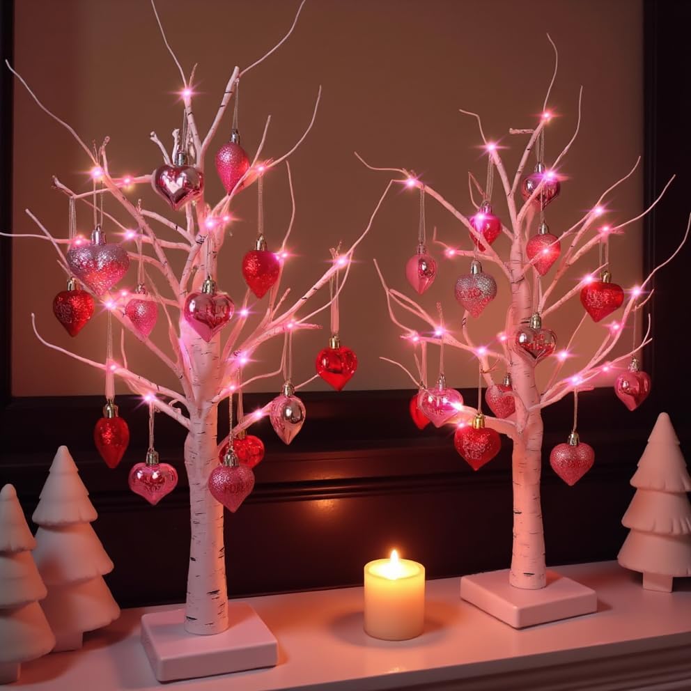 Valentines Day Lighted Birch Trees, 2 Pack with Hanging Heart Ornaments - Image 6
