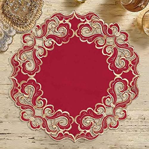 Decozen Set of 12 Doilies for Table, Lace Doilies Rustic Farmhouse Kitchen Dining Table Centerpiece Decor, 15 Inch Gold Burgundy Round Placemats for Home, Valentines Day Gifts, Valentines placemats - Image 3