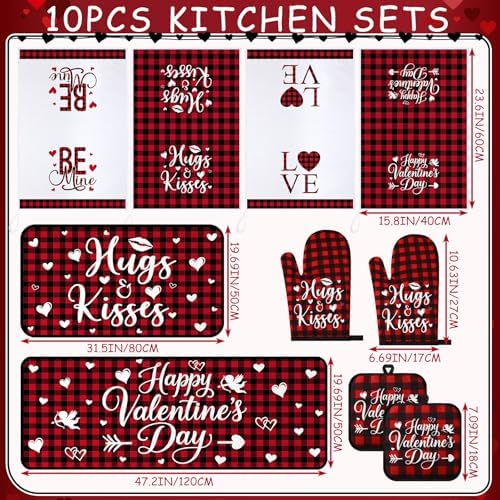 VitalCozy 10 Pcs Valentine's Day Buffalo Plaid Kitchen Decor Set Oven Mitts and Pot Holders Heart Kitchen Towels and Rugs for Chef Baking Cooking Grilling BBQ Gift - Image 3