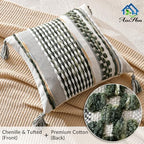 AmHoo Set of 2 Chenille Striped Textured Boho Throw Pillow Covers Aesthetic with Tassels Woven Decorative Pillow Case for Couch Bed Sofa Bedroom Modern Funky 18 x 18-Inch Sage Green - Image 2