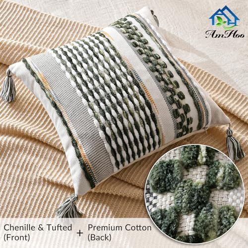 AmHoo Set of 2 Chenille Striped Textured Boho Throw Pillow Covers Aesthetic with Tassels Woven Decorative Pillow Case for Couch Bed Sofa Bedroom Modern Funky 18 x 18-Inch Sage Green - Image 2