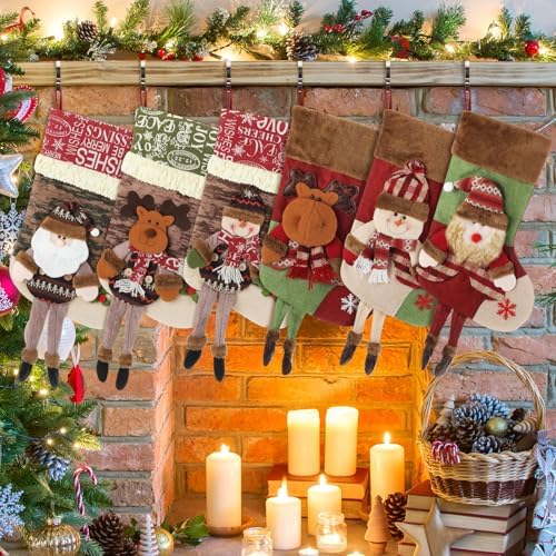 Foaincore Vintage Christmas Stocking 6 Pack 18 Inches with 6 Pieces Zinc Alloy Stocking Holders Fireplace Adjustable Holders for Family Holiday Mantel(Snowman) by Foaincore