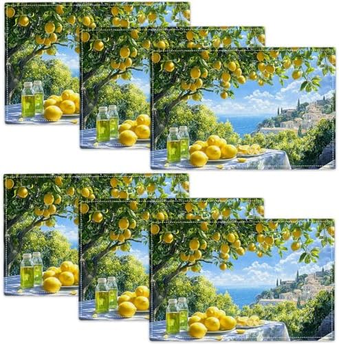 Seaside Lemon Placemats Set of 6 Table Mats Place Mats Decor Imitation Linen Heat Resistant Tablecloth for Dining Decorations Kitchen Party Restaurants 12''x18'' by gkmaolt