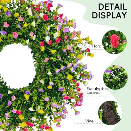 Spring Summer Wreaths for Front Door, 24 Inch Large Farmhouse Colorful Cottage Wreath, Extra-Full 378 Silk Artificial Carnation Floral Wreath, Blossom & Greenery Hanging for Porch, Home Decorations - Image 4