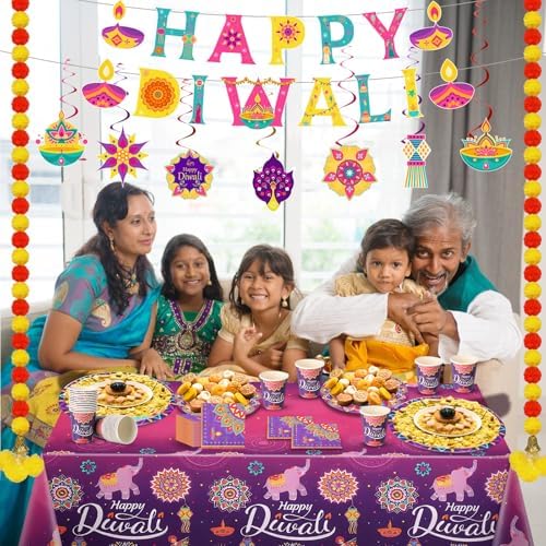 Bokon 121 Pcs Happy Diwali Decorations Diwali Party Tableware Set for 24 Guests Deepawali Lights Festival Tableware Tablecloth Banner Hanging Decorations Swirls Marigold Garland for India Deepawali - Image 2