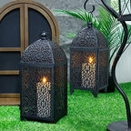 TRIROCKS Set of 2 Vintage Decorative Candle Lantern 12''&16.5'' High Metal Candle Holder Hanging Lantern with Hollow Pattern for Living Room Garden Parties Events Indoors Outdoors(Black) - Image 4