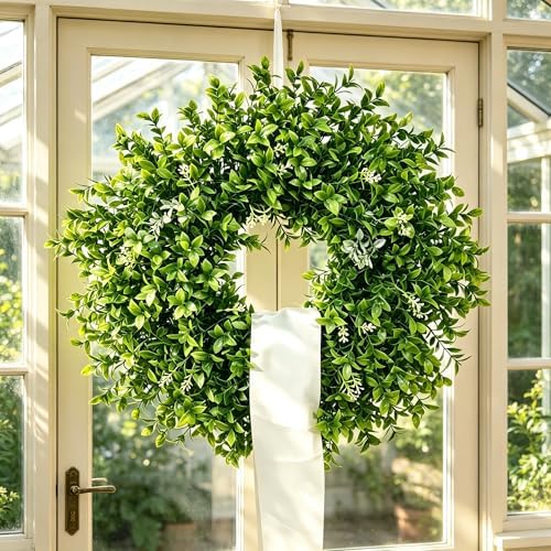 26 Inch Artificial Eucalyptus Wreath for Front Door - All Season Greenery Wreath with White Flowers, Farmhouse Spring Summer Fall Winter Decor, Indoor Outdoor Home Wall Porch Decoration - Image 7