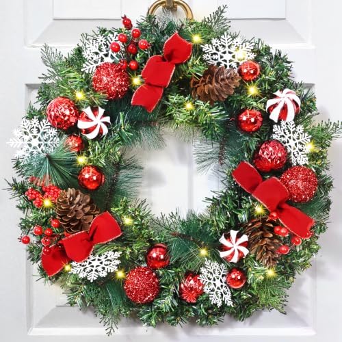 Christmas Wreaths for Front Door - 2 Pack 18'' Christmas Wreath with Lights Bow Berries Cones Pine Needles, Christmas Door Wreath for Home Door Wall Party Christmas Decorations by Yastouay