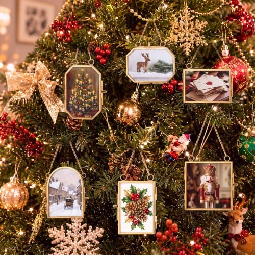 Qunclay 6 Pcs Christmas Brass Picture Frame Ornaments 6 Sizes Xmas Metal Double Glass Hanging Photo Frame with Metal Chain for Christmas Tree Decoration (Gold, 6 Styles) - Image 5