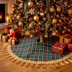 Blueweenly 48 Inch Christmas Tree Skirt, Green Plaid with Gold Tassel Edge - Image 6
