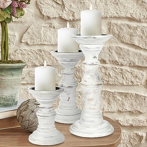 Homebia Design Antique White Wooden Candle Holder Set of 3 – 10, 8, 6 Inch by HomebiaDesigns