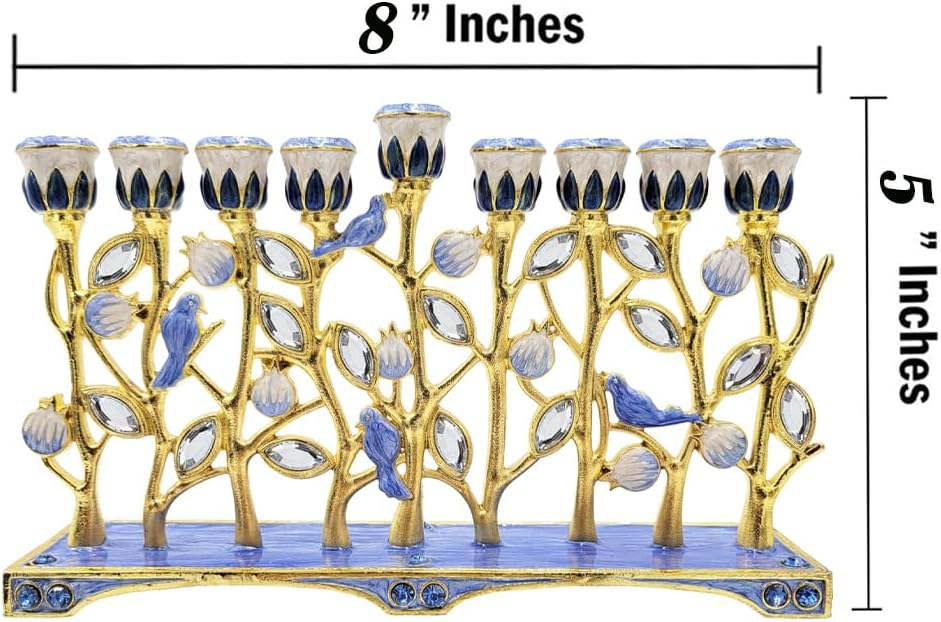 The Dreidel Company Hanukkah Menorah Enamel Pomegranate & Blue Bird Design, Hand-Painted Enameled Metal This Ornate 9 Branch Menorah Measures 12" High X 10" Wide - Image 3
