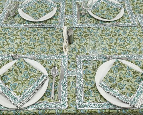 72x160 Inches Rectangle Hand Block Printed Cotton Tablecloth, Green White Floral Table Cloths Washable, Indian Table Linen For Halloween Christmas Outdoor Thanksgiving Gifts Home Decor Dinning Outdoor - Image 3