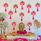Divyakosh Fabric and Beads Lotus Hangings, Pack of 10 | Pink | Decoration Home Decor Wall Door Mandir Pooja Room, Pink Lotus Tassel Wall Hanging, Wedding Backdrop Decorative, Size - 9 Inch - Image 2