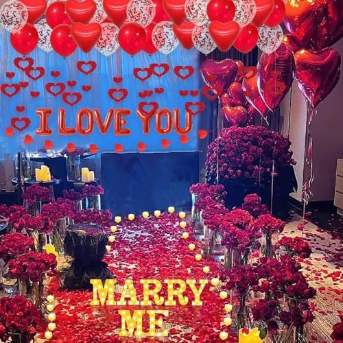 Marry Me Light Up Letters Proposal Decorations, 7Pcs 8.5" Marry Me Sign, 24Pcs Flameless Candles 2000Pcs Red Fake Rose Petals 8Pcs I Love You Letter Balloons 55Pcs Latex Heart Balloon Valentine's Day - Image 7