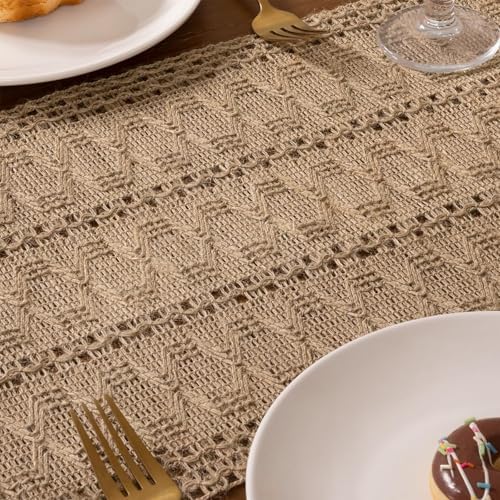 Niviy Burlap Boho Table Runner for Spring Home Decor 132 Inches Long, Modern Farmhouse Decor Rustic Macrame Woven Coffee Table Runners for Summer Dining Table Decoration, Burlap Brown - Image 3