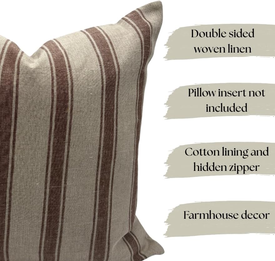 Linen Throw Pillow Covers Stripe Brown Pillow Cover Spring Decorative Pillow Covers for Living Room, Bedroom (Brown Stripes, 20" L x 20" W) - Image 2