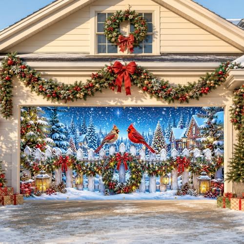157.5 x 70.9 in Christmas Garage Door Decorations, Large Holiday Garage Door Banner with Winter Snow Scene, Cardinal Birds and Pine Trees Pattern, Outdoor Christmas Decorations for Home Yard Driveway - Image 3