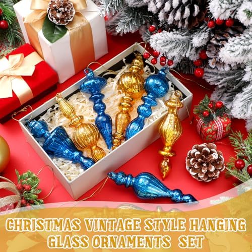 Mifoci 8 Pcs 6 Inch Mercury Glass Finial Christmas Ornaments,Blue, Gold - Image 2