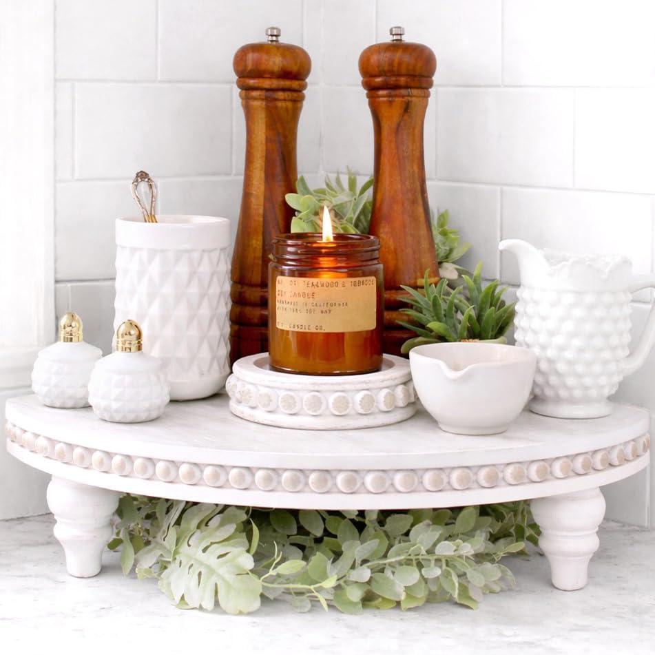 Corner Pedestal Stand Rustic Decor Riser for Display - Farmhouse Wood Rounded Beaded Tray for Kitchen and Bathroom Countertop Organizer, Coffee Bar, Plant Stand with Removable Feet (Rustic White) by FeltCreativeHomeGoods