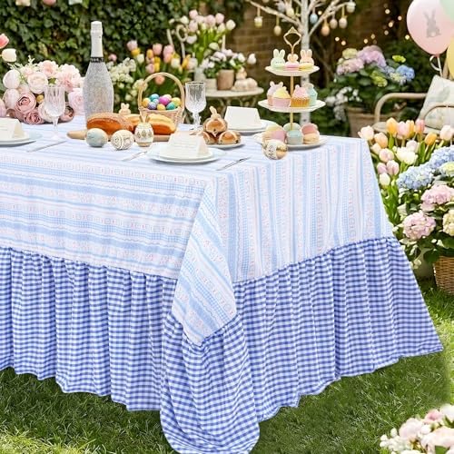 Easter Tablecloth Blue Rabbit Ruffle Table Cloth - 90 x 132 Inch Waterproof Tablecloths Rectangle Washable Polyester Bunny Flowers Table Cover for Birthday Wedding Dinner Picnic Party Decoration by Fanqisi