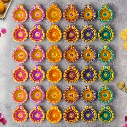 (Pack of 36) Clay Diyas with Cotton Wicks, Diwali Decoration for Home, Mitti Diyas for Pooja, Indian Pooja Decor for Mandir, Diwali Gifts, Earthen Lamp for Navratri Dussehra, Party Favors