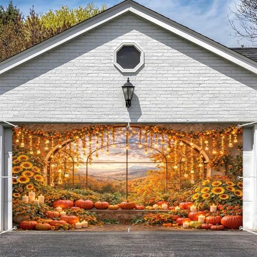 16X7Ft Fall Window Garage Door Banner Autumn Harvest Pumpkin Maple Leaves Backdrop Door Cover Hanging Garage Decorations Banner Thanksgiving Holiday Party Background Sign for Wall House Decor - Image 5
