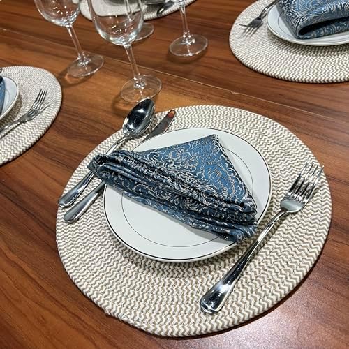 WAZAIGUR Round Placemats Set of 6 Thick Cotton Rope, 13inch, Khaki ＆ White - Image 3