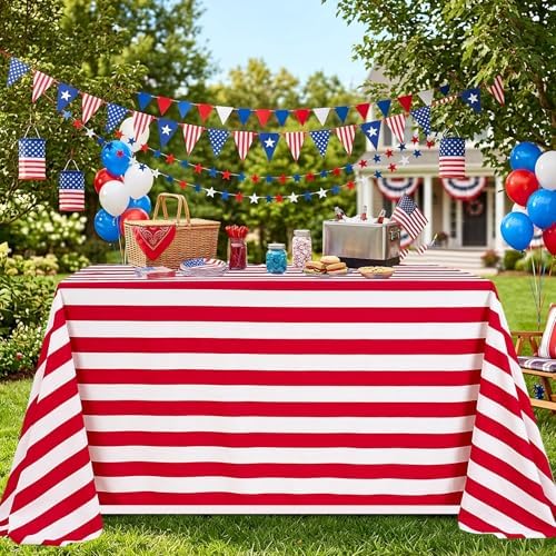 Fanqisi 2 Packs Red and White Striped Tablecloth 57 x 84 Inch Waterproof Patriotic Table Cloth Rectangle Table Cover for Birthday Baby Shower Wedding Outdoor Summer Party Decoration by Fanqisi