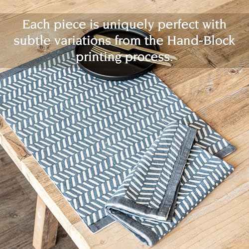 Over&Back Set of 4 Hand-Blocked Placemats - Colorful Dining Table Mat - Each Placemat is Unique - 100% Cotton - Machine Washable - Kitchen and Home Decor - Blue Herringbone - Image 3