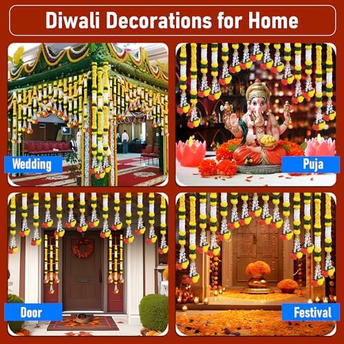 DIYANA IMPEX 4 Pc Artificial Marigold Garland with Bells, 5 Ft Long Hanging Flower Strings for Diwali Decorations, Indian Wedding, Party, Home Decor, Ganpati Hanging Decor & Mantle Decor (Yellow) - Image 5