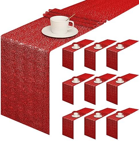 Sugargirl 10 Packs 12 x 72 inches Sequin Table Runner, Glitter Red Table Runner for Birthday Party Supplies Wedding Holiday Celebration Event Decorations by Sugargirl