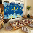 AIBIIN Eid Mubarak Backdrop Banner Blue Gold Themed Party Decorations for Eid Mubarak Ramadan Party Supplies Banner Photo Booth Prop 94.48 x 70.8 Inch - Image 7