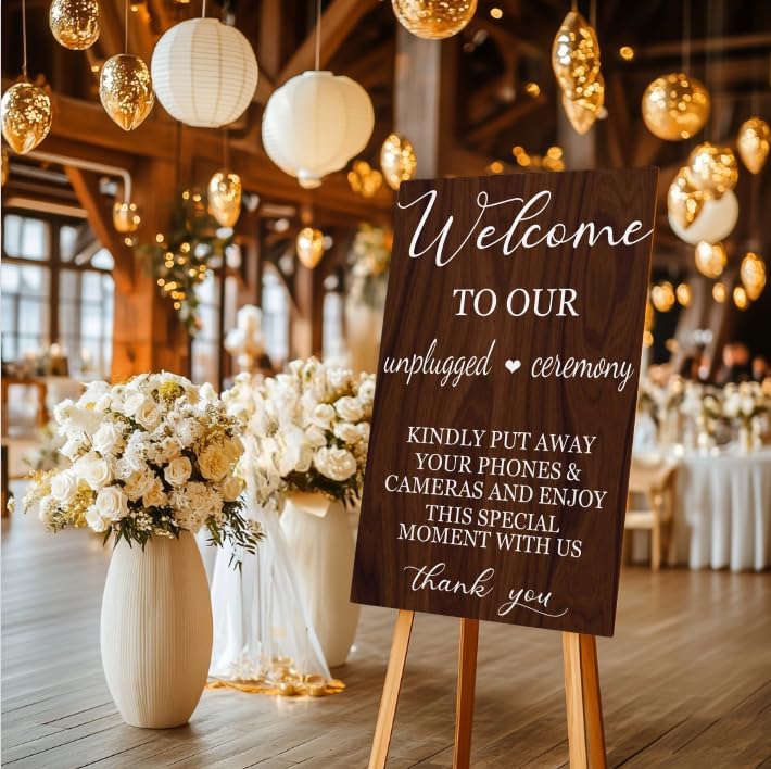 welcome to our unplugged ceremony Wood sign wedding welcome signs, No Phones wedding sign wood, rustic wedding Decorations 24x16 Inch - Image 5