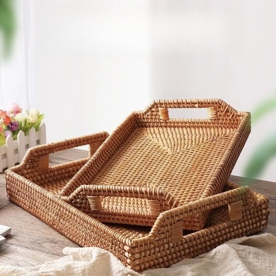 Rattan Serving Tray with Handles, Rectangular Wicker Basket Tray, Hand Woven Flat Basket for Coffee Table Dinning Room Bathroom (17 x 11.4 x 1.8 inch) (Pack of 2) - Image 5