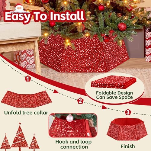Red Christmas Tree Collar 31.49 Inch Sequin Foldable Christmas Tree Ring Velvet Tree Skirt Cover for Xmas Pencil Tree Holiday Decor - Image 5