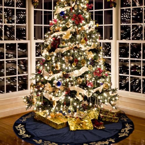 72 Inch Christmas Tree Skirt Velvet Xmas Tree Skirt with Gold Embroidery Holly Leaf Decorations for Christmas Party Favors Holiday New Year Decor(Blue) - Image 3
