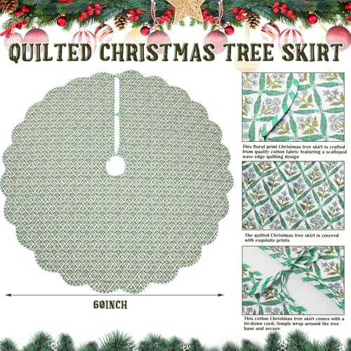 MiniInflat Quilted Christmas Tree Skirt - Vintage Floral Block Print Christmas Tree Skirt with Scalloped Edge Thicken Cotton for Home Decorations Holiday Party Gift(60 Inch,Checkered Floral,Green) - Image 2