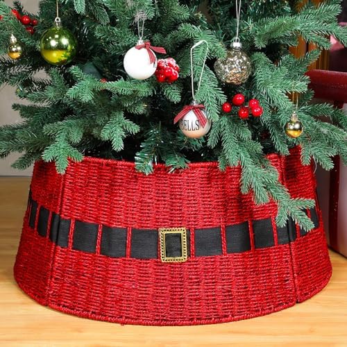 Poen Rattan Red Christmas Tree Collar for Artificial Trees 23.6 Inch Christmas Santa's Belt Tree Basket Base Collar Farmhouse Wicker Skirt Cover for Rustic Party Decoration by Poen